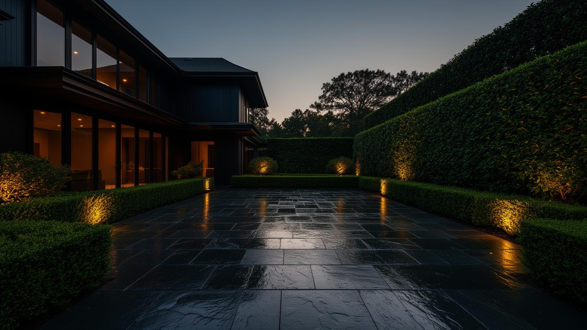 Luxury dusk patio with landscape lighting and hedges